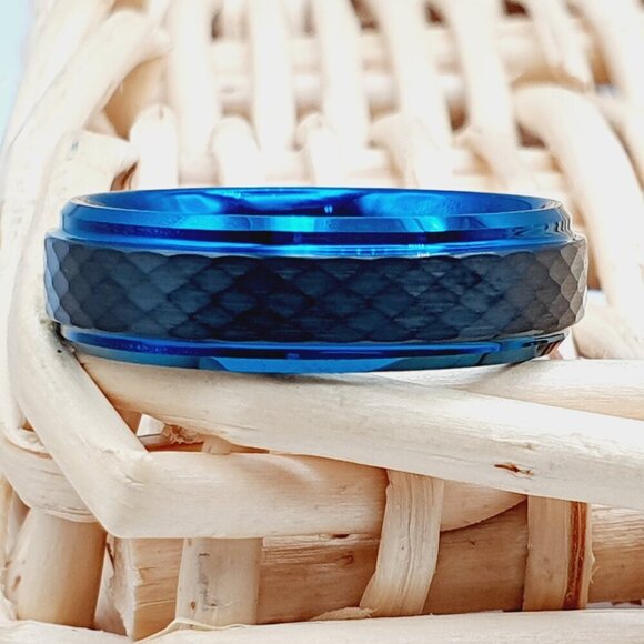 "Blue And Black Tungsten Hammered Finished Ring for Him Her, GALTUN939 - Picture 1 of 6